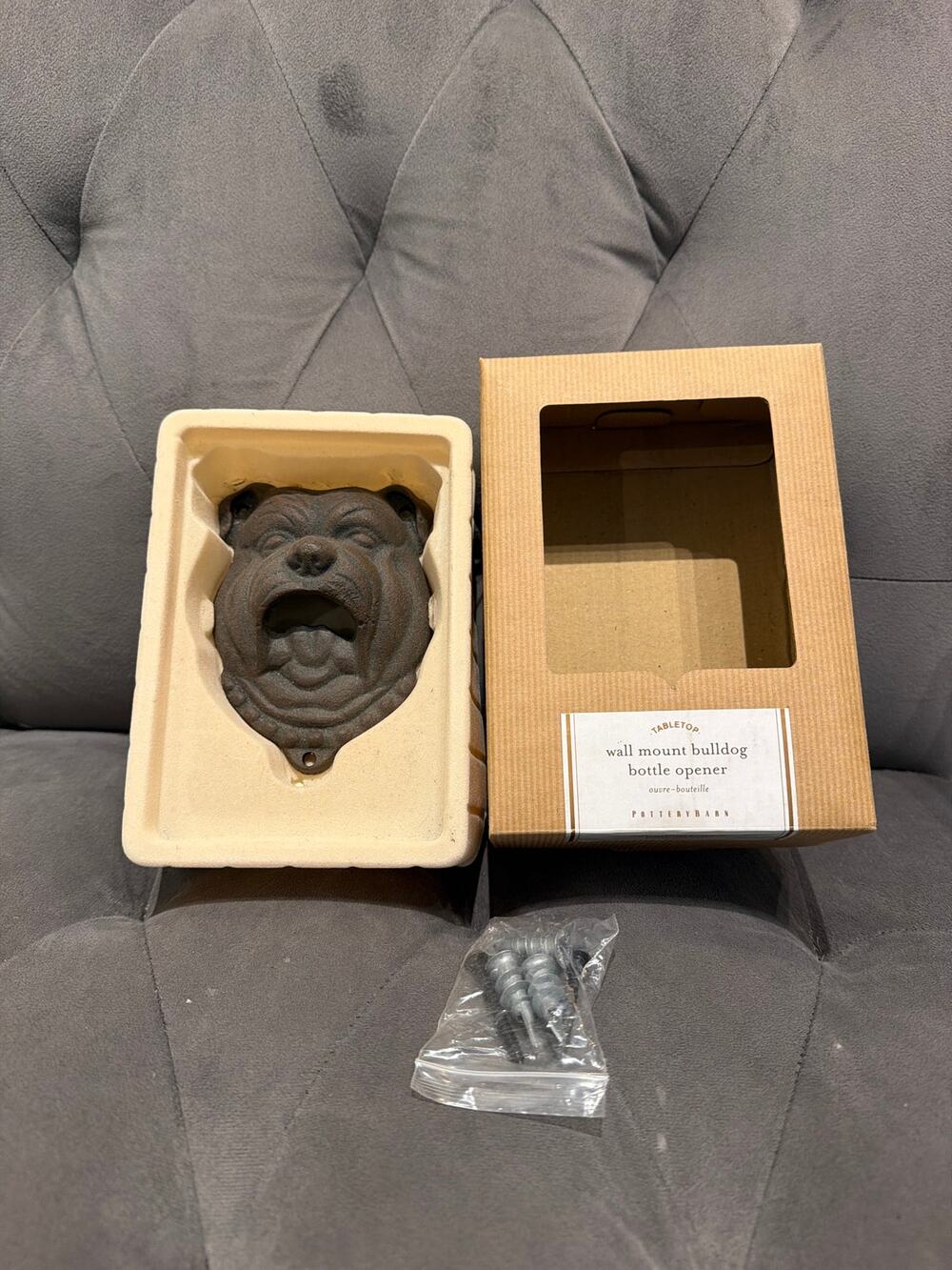 Pottery Barn Wall Mount Cast Iron Bulldog Bottle Opener Tabletop Barware NIB